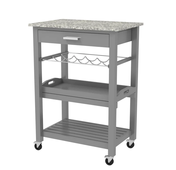 Grey Rubber Wood Top Serving Trolley Wooden Kitchen Island Cart, Kitchen Utility Cabinet with Pine Wood Legs