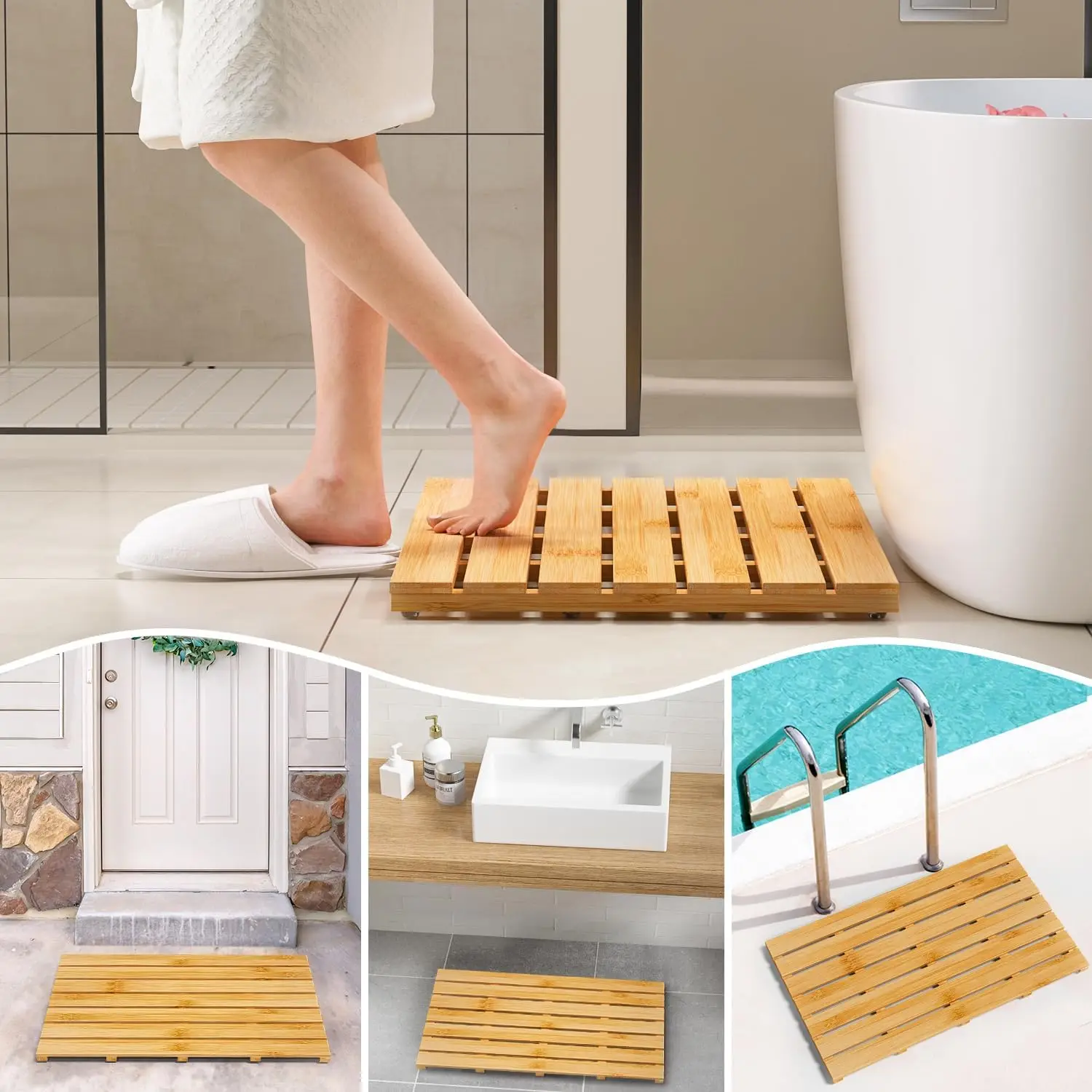 Bamboo Bath Mat for Bathroom Non-Slip Bamboo Sturdy Water Proof Bathroom Carpet for Indoor or Outdoor Use