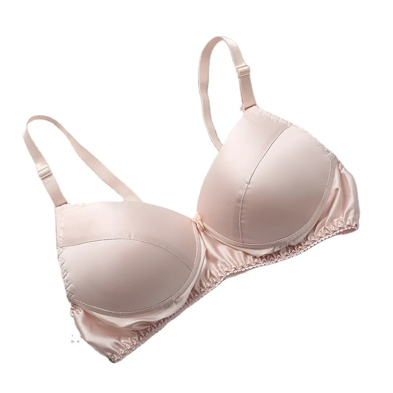 plus size woman black pink silk bra comfortable adjustable sexy breathable wireless silk lingerie bra