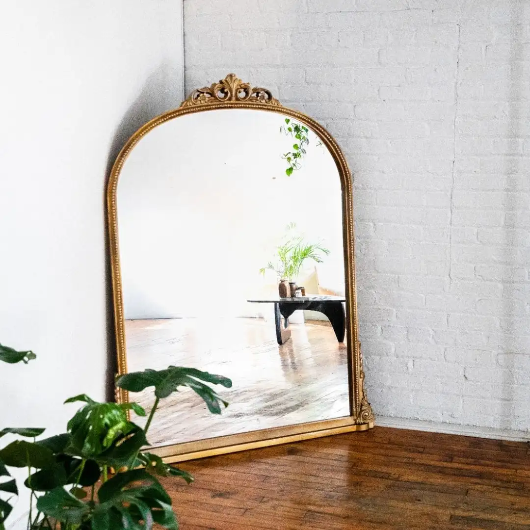 French Vintage European Style Fitting Mirror Full Body Dressing Mirror Arched Carved Home Bedroom Wall Mounted Floor Mirror