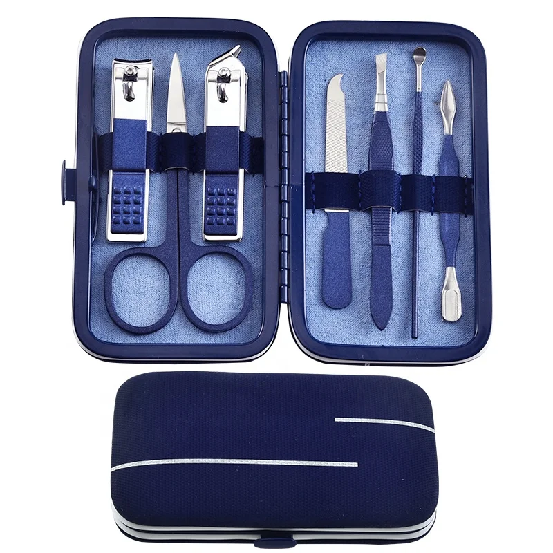 Women Man Professional 7pcs Nail Kit Pedicure Kit Gift Set Grooming Set with Blue Leather Case  Manicure Set