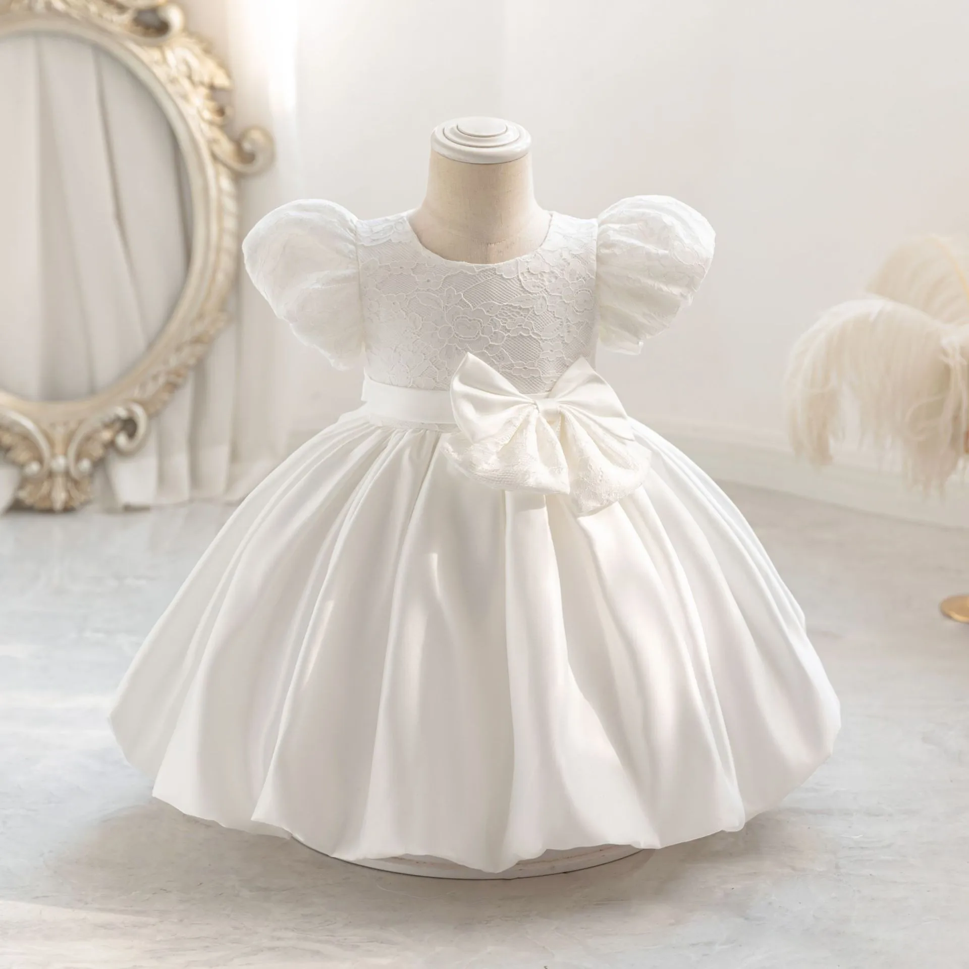 Children Dress Models Kids Clothing Baby Flower Girl Short Sleeves Birthday Party Green Dress