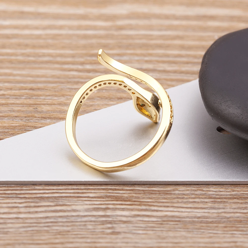 QIKU Fashion Gold Color Snake Shape Copper Zircon Ring Opening Adjustable Jewelry Women Unusual Accessories Girl Gift Wholesale