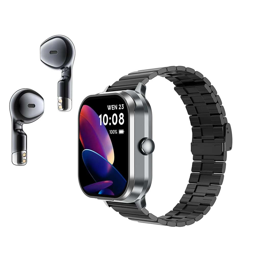 2024 Smart Watch 2.01inch Wireless Earbuds 2 in 1 BT Music Heart Rate Health Monitoring Sports Smartwatch with silicone sleeve