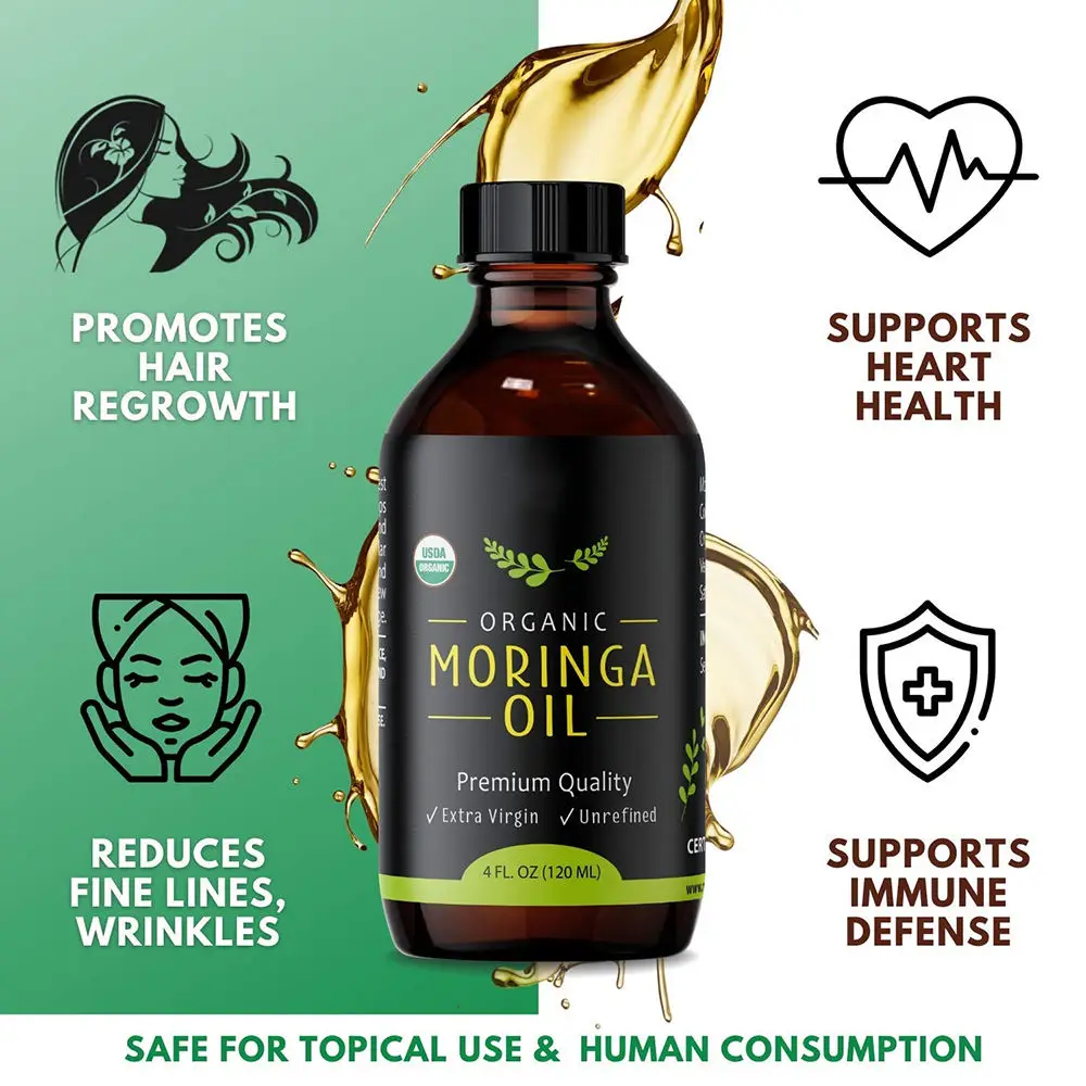Private Label 120ML Reduces Fine Lines Wrinkles Moringa Oil For Face Body Pure Organic Cold Natural Moringa Seed Oil