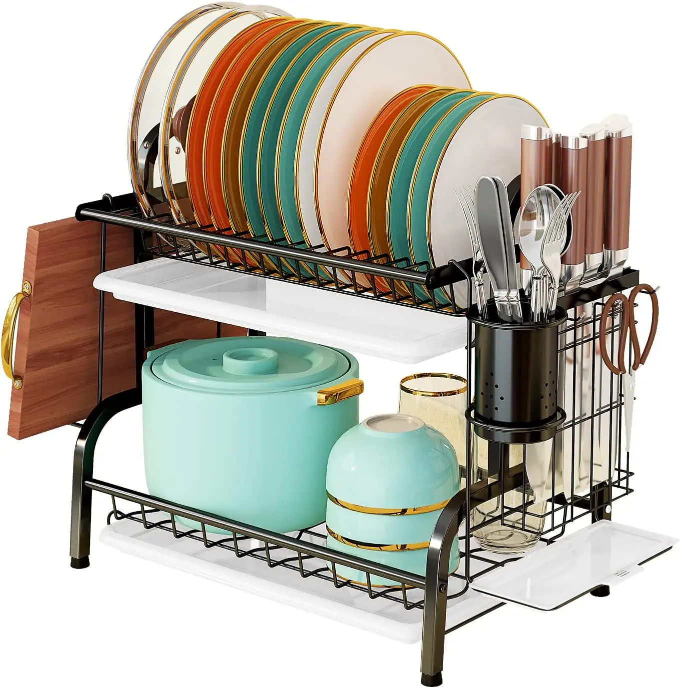 Kitchen Cabinet Organizer Dish Rack 2 Tier White  Metal Dish Rack With Tray
