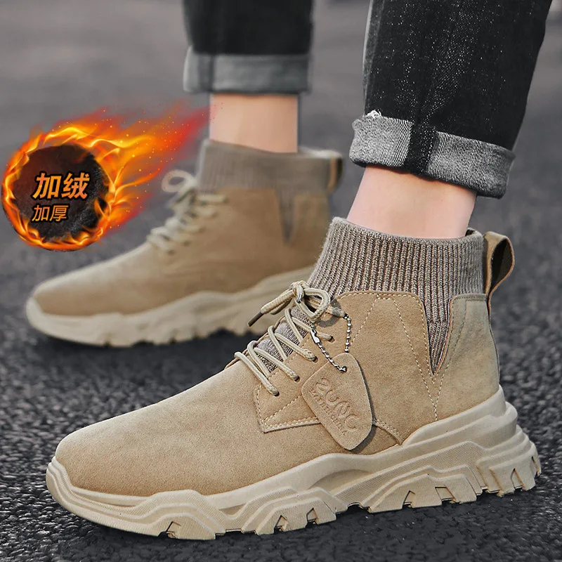 Мужские Фланелевые ботинки, черные ботинки с высоким берцем, рабочая обувь, Осень-зима 2022