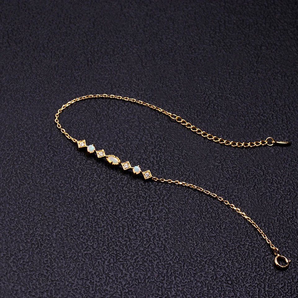 925 Sterling Silver 14K Gold Plated Gemstone Cz Zircon Geometric Rhombus Square Round Australian Opal Bracelet