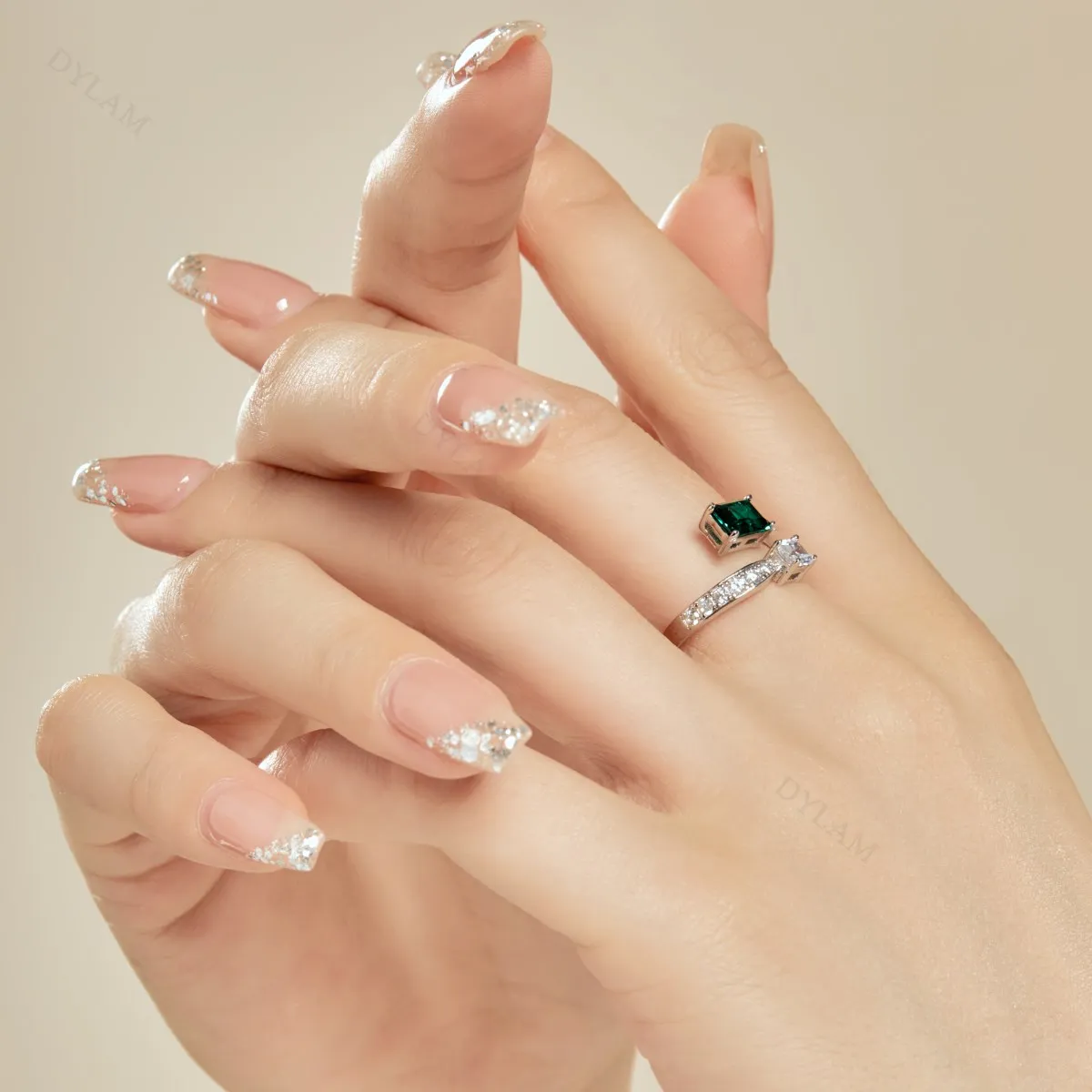 Dylam Custom 5A CZ Cubic Zirconia Emerald Stone Green Engagement Adjust Ring Diamond 925 Sterling Silver jewelry Wedding Rings