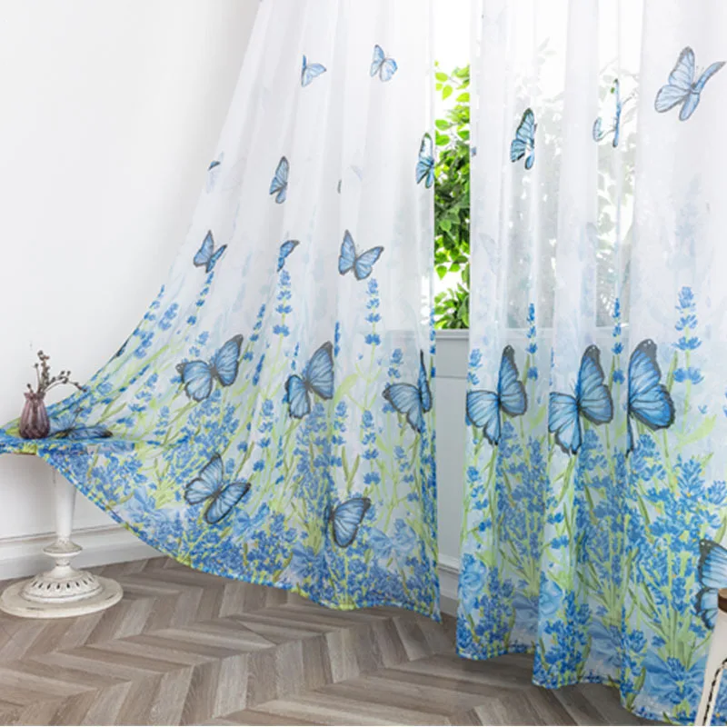 Amity Breathable Fluttering Flower Butterfly Printed Windows Curtains Bedroom Perforated Sheer Curtains For Home Living Room