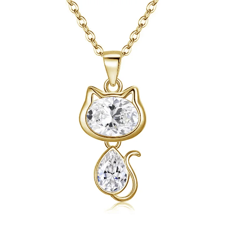 2024 Hot Sale Mimi Love Cat Pendent Oval Pear Cut Moissanite Lab ruby sapphire emerald 10K Yellow Gold Necklace