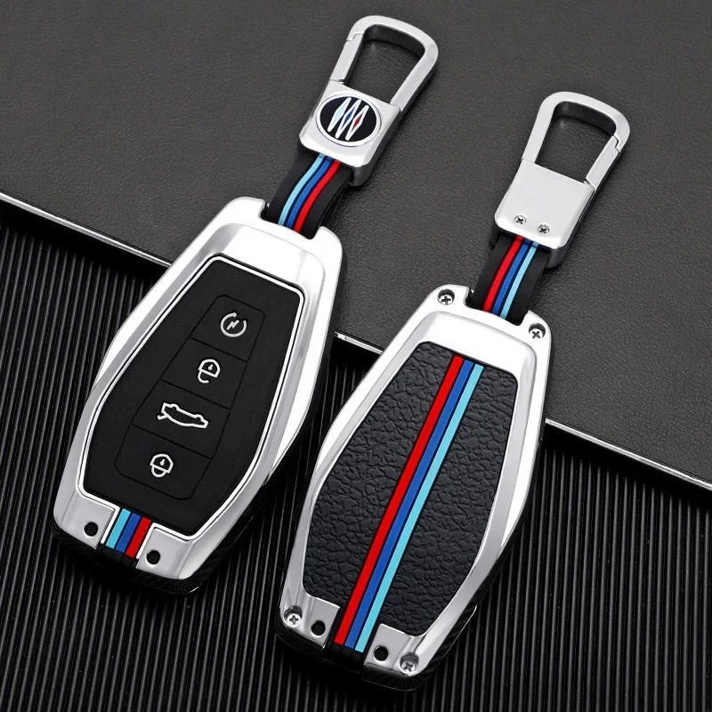 Custom Leather Logo 4 Buttons Remote Cover Zinc Alloy Car Keychain Protection Case For Geely Coolray X6 Emgrand Global Hawk Gx7