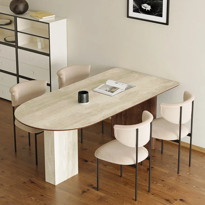 HZX Customizable round Marble Travertine Top Dining Table Polished Natural Stone Furniture for Kitchen Restaurant Villa Floor