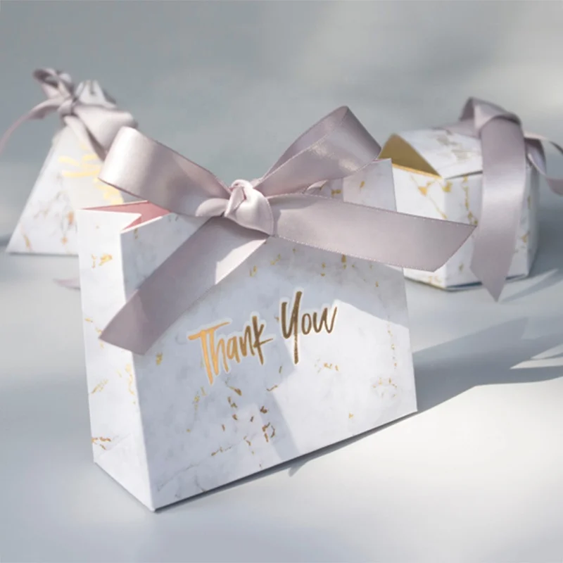FSC Custom Mini Grey Marble Gift Thank You Wedding Favors Candy Paper Bag With Bow Ribbon