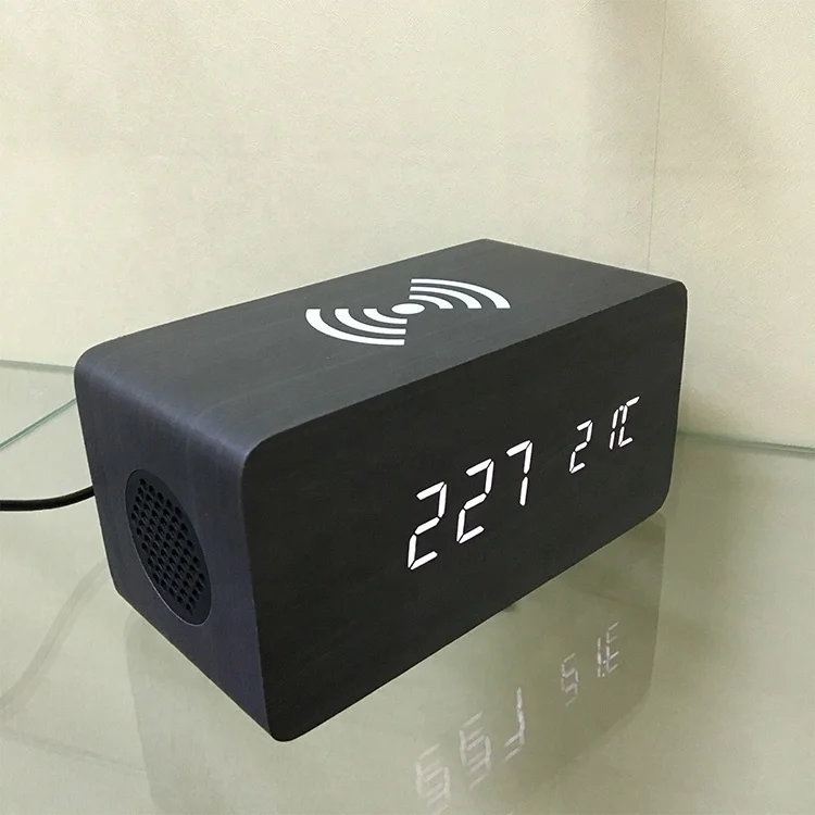 wooden LED alarm clock with BT speaker Mobile phone Qi wireless charging desktop clock with temperature display