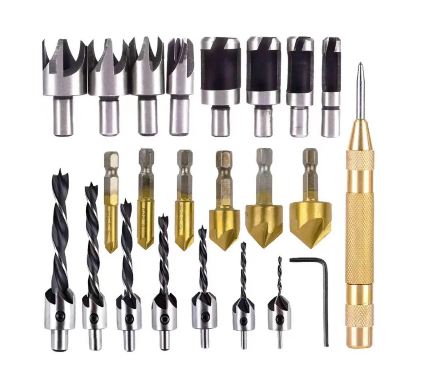 23pcs Woodworking Chamfer Drilling Set Countersink Drill Bit Wood Plug Cutters L-Wrench Center Punch