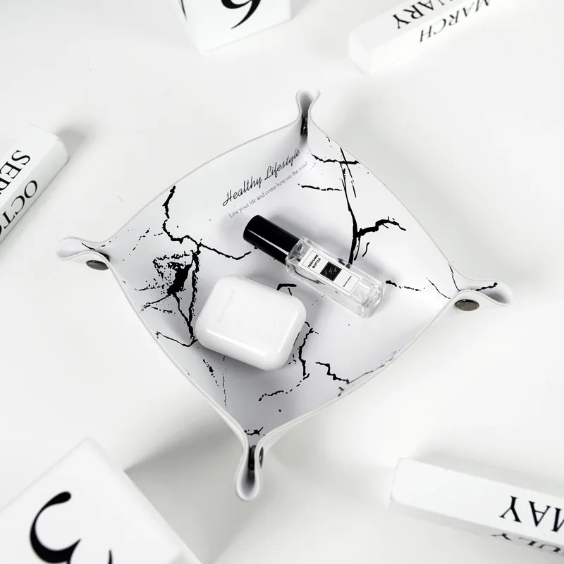 Foldable Black and White Marble Stone Pattern PU Leather Catchall Tray