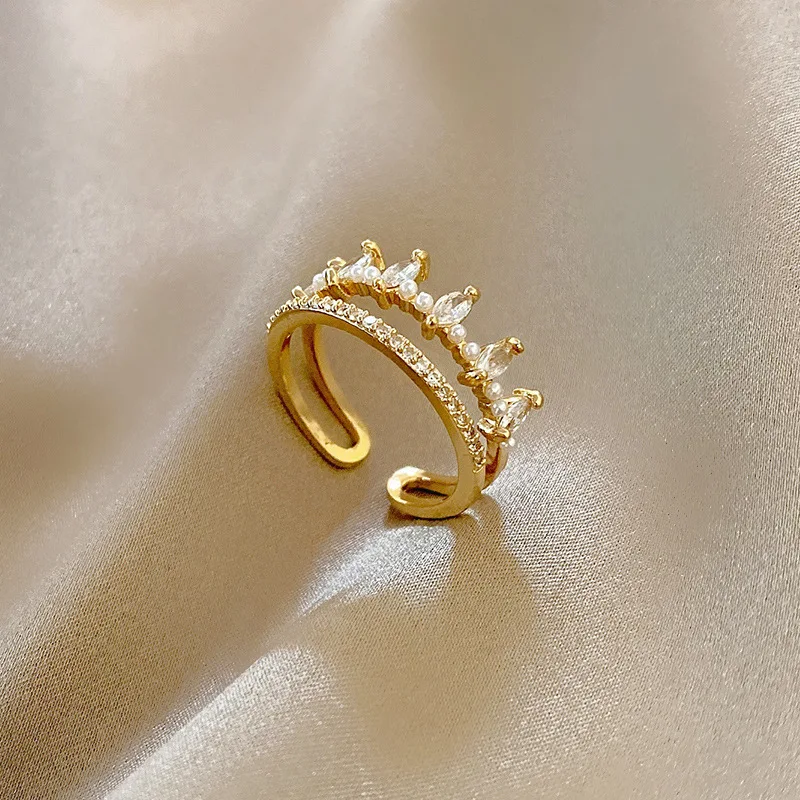 18K gold crown diamond ring female simple Korean style design open index finger ring