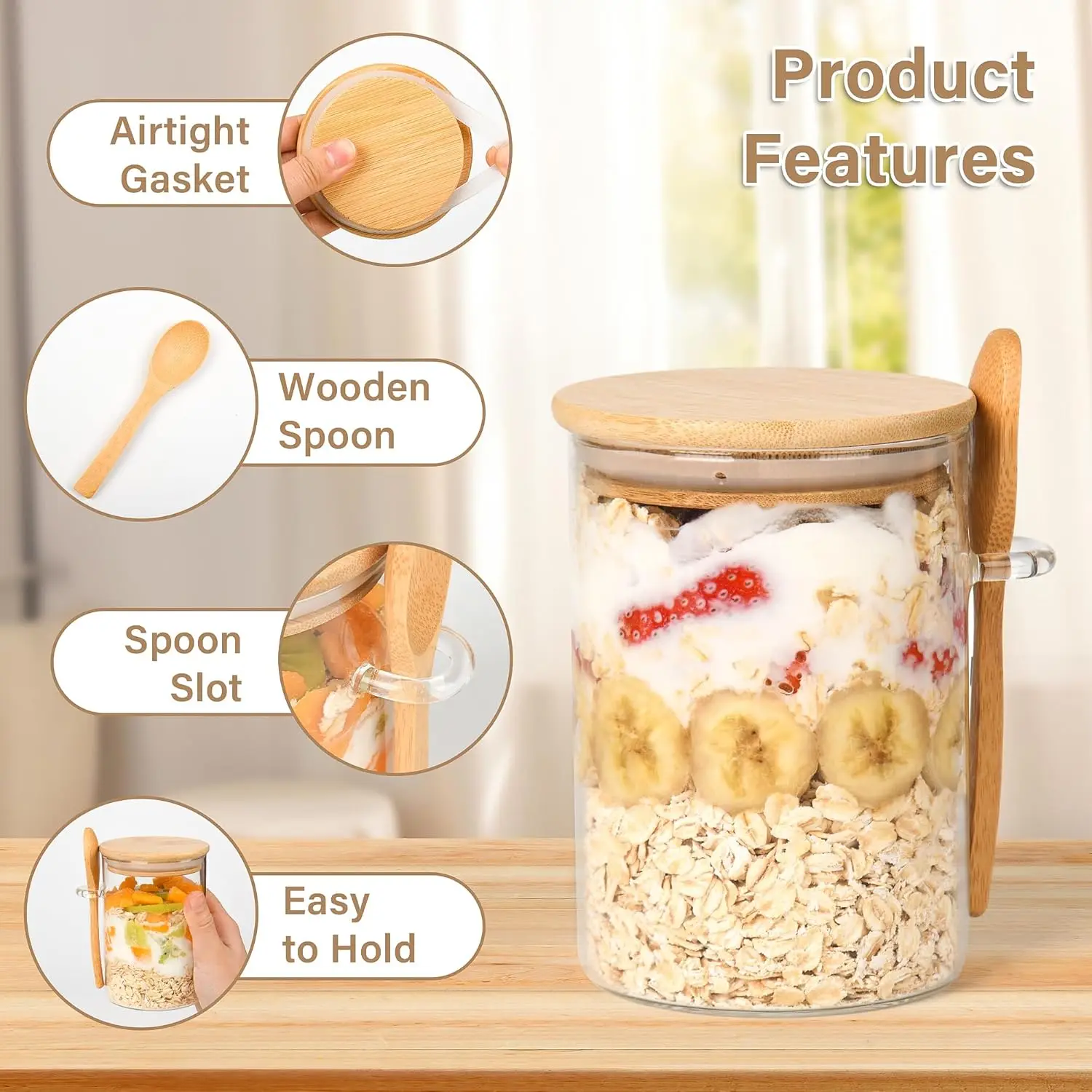 Wholesale Kitchen 18 Oz High Round Overnight Oats Containers Glass Jar with Wooden Lids Spoons for Chia Seed Pudding Yogurt