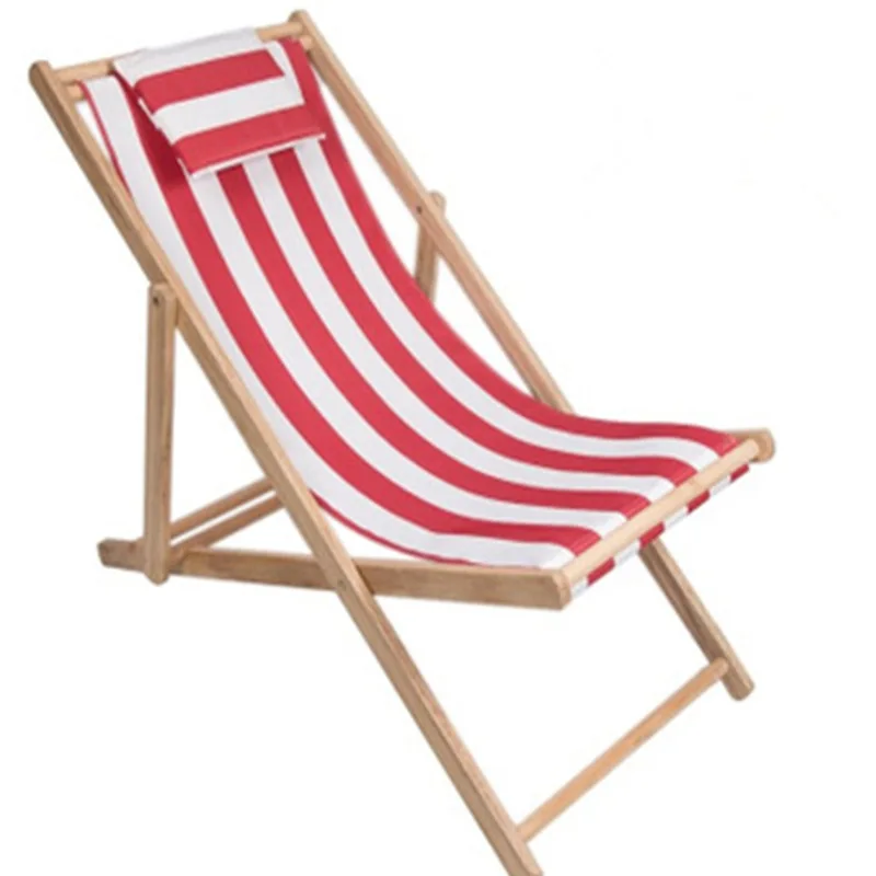 Adjustable height foldable wooden beach chair with pillow