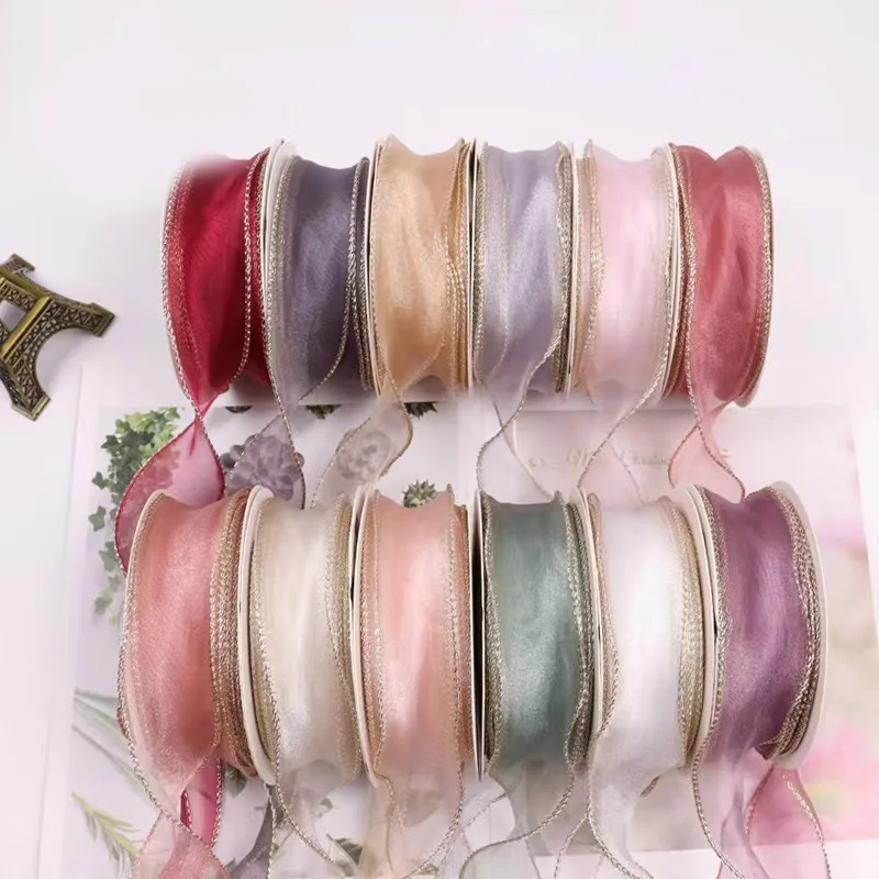 Korean Style Thin Transparent Gauze Ribbon With Golden Line In Edge For Flower Bouquet Wrapping