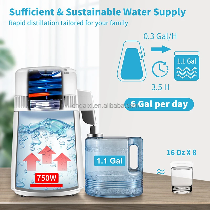 DAIXI High quality Water Distiller, 750W , 304 Stainless Steel Countertop Distiller Plastic Carafe