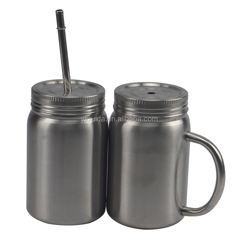 
17oz mason jar pour spout with metal straw double wall stainless steel insulated mason jar mug with lid and handle 