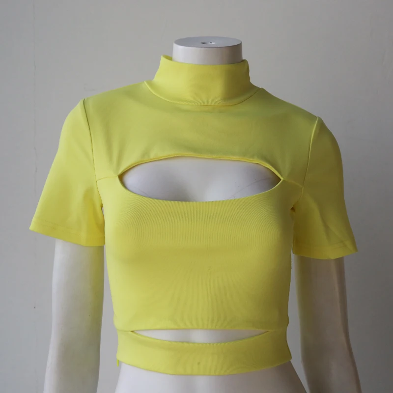 Neon  Cut Out Sexy Slim Fit Short Sleeve Turtleneck Blank  Sport Female T-shirt Crop T-shirt For Women