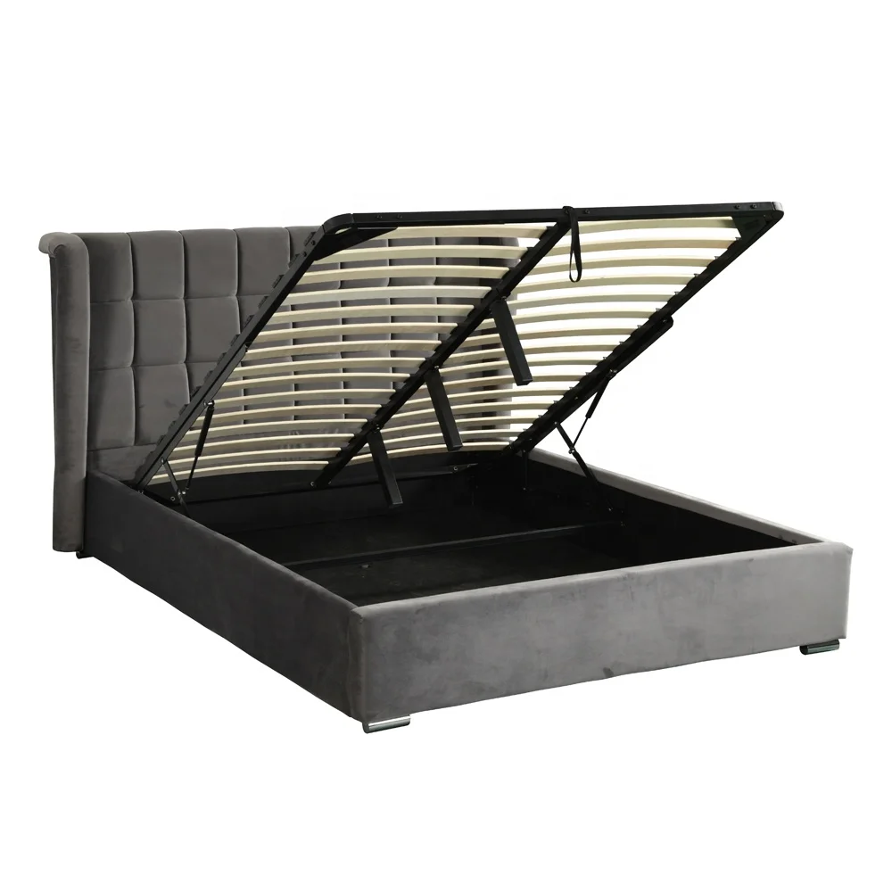 No box spring needed tall headboard double Queen King size fabric upholstered ottoman bed frame with storage