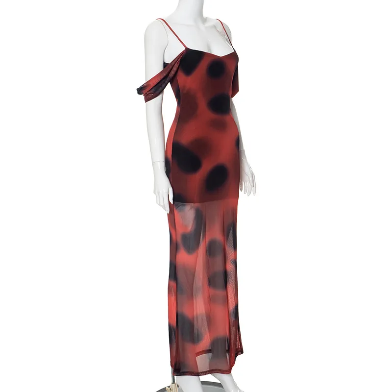 J&H Tie Dye Print Mesh See Throught Sleeveless Casual Dresses New Spring Summer Party Wholesale Y2K Vacation Women Clothing