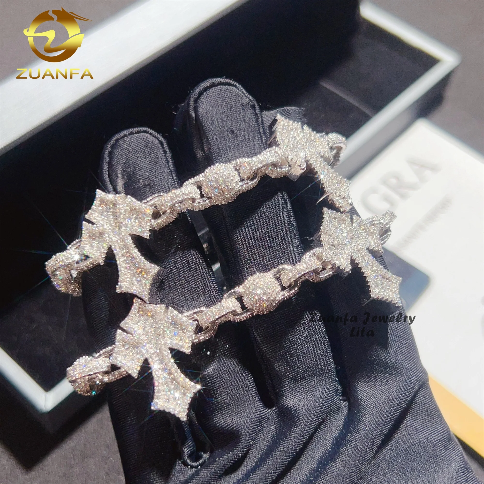 New Fashion Hip Hop Iced Out Ball Chain 925 Sterling Silver Mens Moissanite Cuban Link Cross Bead Bracelet