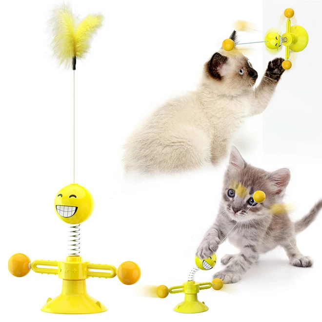 New cat stick rotary ball sucker spring feather tease interactive toy for cats