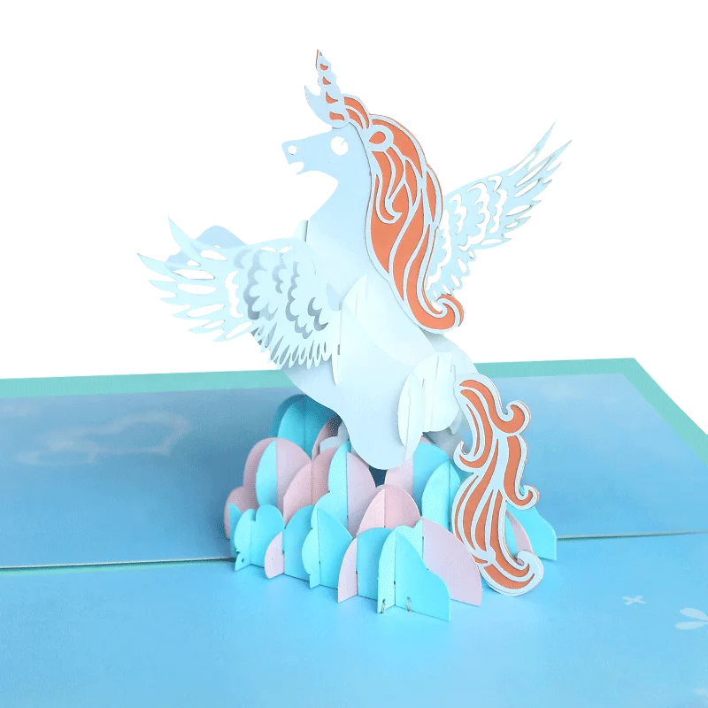 Wholesale  Promotional Blue Unicorn Gifting Art Children Birthday Party Invitation 3d Pop Up Greeting Card with  Envelope