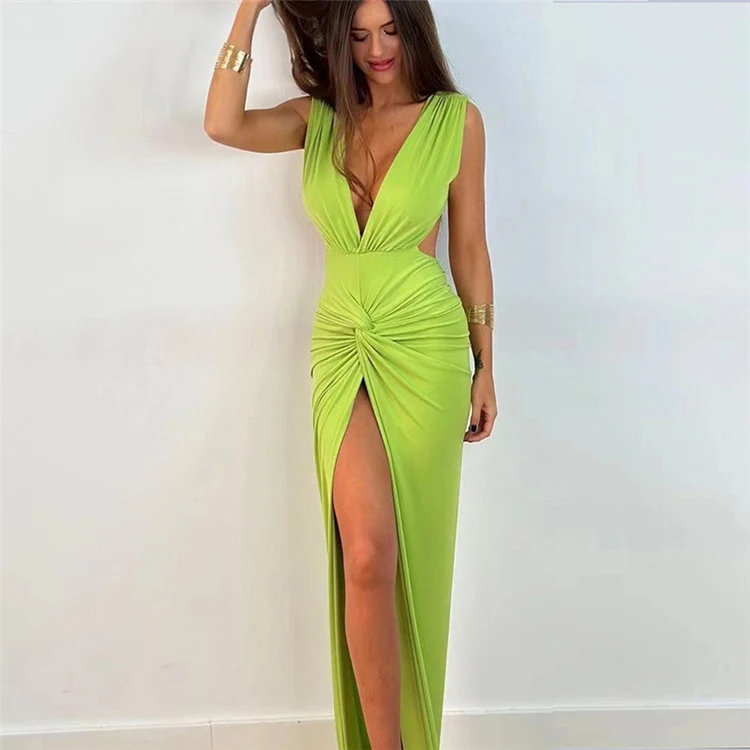 2023 Trendy New Design Elegant Slit Knot V-Neck Party Dresses Women Sexy Backless Black Sleeveless Maxi Dress Ladies