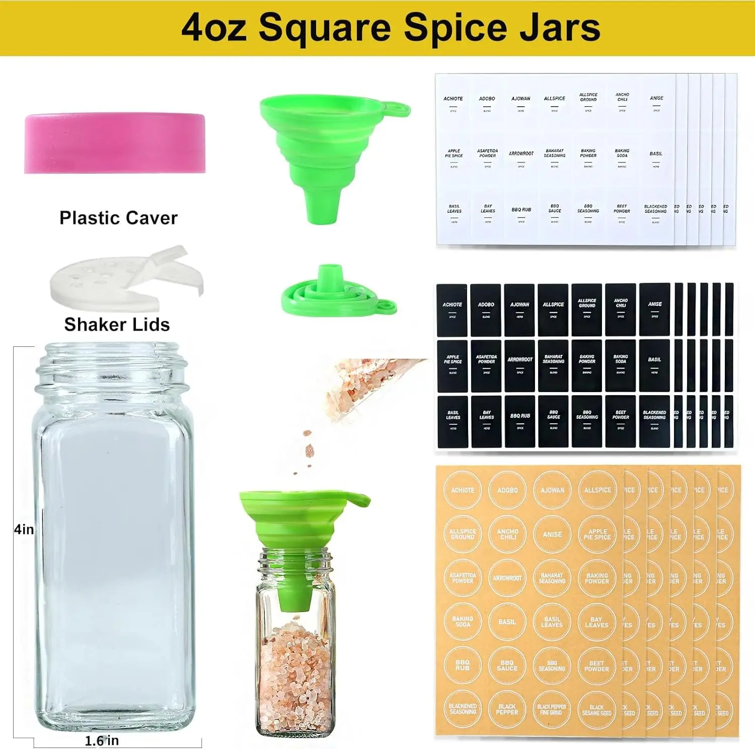 Glass Spice Jars Spice Containers with Pink Lids and Shaker Lids Spice Labels 1 Collapsible Funnel 2 Erasable Markers