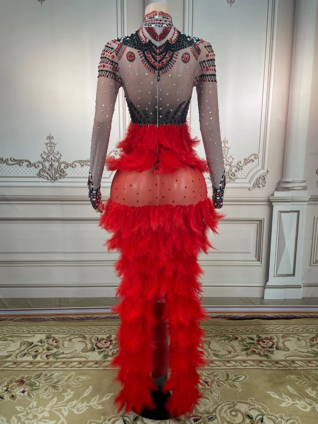 AD1447 Kimshein Women Fancy Long Sleeve Split Mesh Fabric Red Feathers Crystal Dress Party Evening Performance Clothing