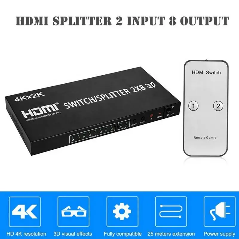 Дешевый разветвитель HDMI HD 1080P совместимый с 2x8 переключатель 2 входа 8 выходов Разветвитель в Выход 3D дистанционным