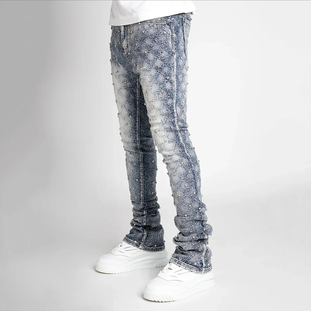 Topshow High Quality Silm Fit Blue Embellished Denim Jeans Full Over All Rhinestones Straight Loose Stacked Jeans