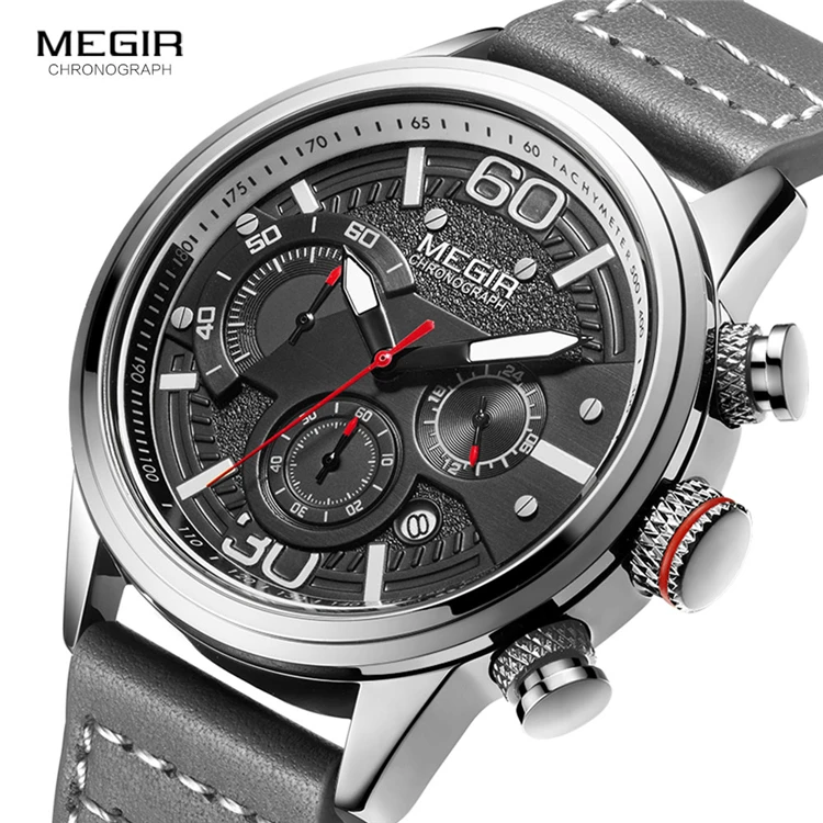MEGIR 2110 Grey Watch Men Luxury Chronograph Quartz Watches Waterproof Casual Leather Wristwatch