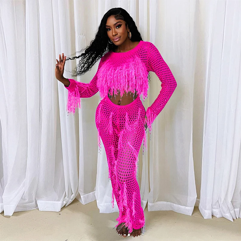 HUIFAN Custom Fringe Solid Color Long Sleeve Crop Swimwear See Through Mesh Party Club Women Beach Cover Ups Knitted Jumpsuit