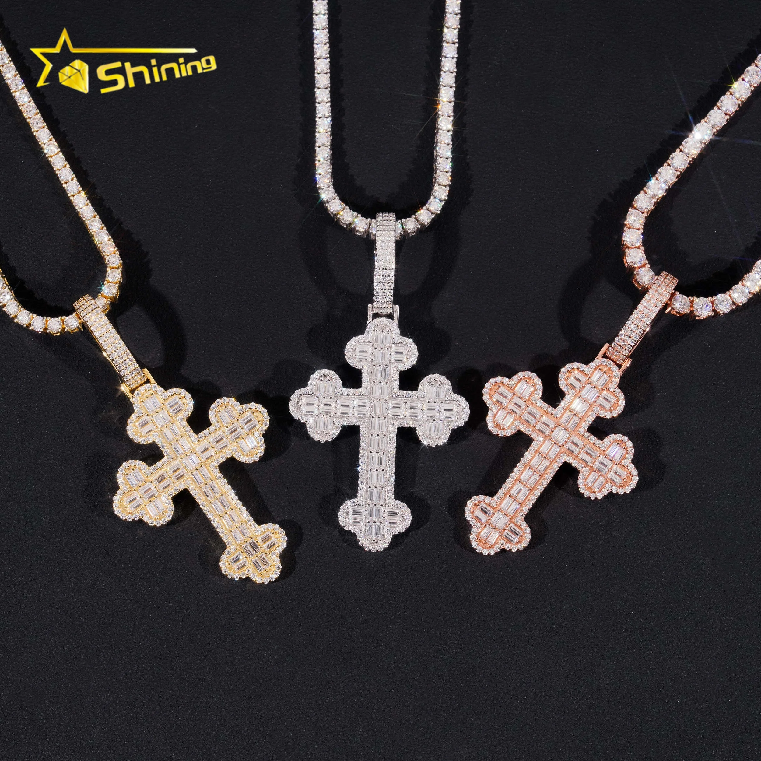 Hip Hop Jewelry 925 Sterling Silver Gold Plated VVS Moissanite Diamond Men Necklaces Moissanite Cross Custom Iced Out Pendants
