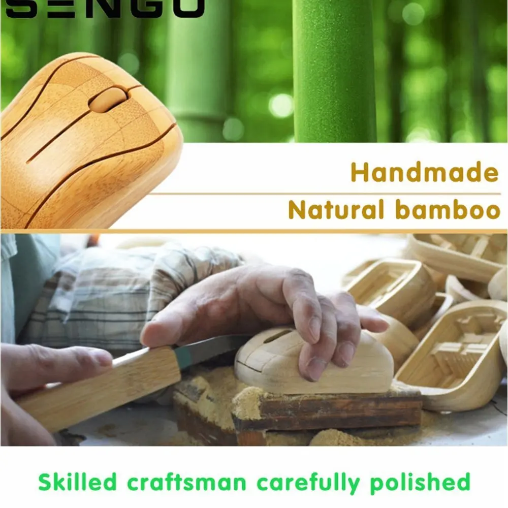2.4ghz Wireless USB Mini Battery Rechargeable Silent Mouse Bamboo Wood Optical Computer Laptop PC Mice Mouse Stock 10 M (30 Ft)