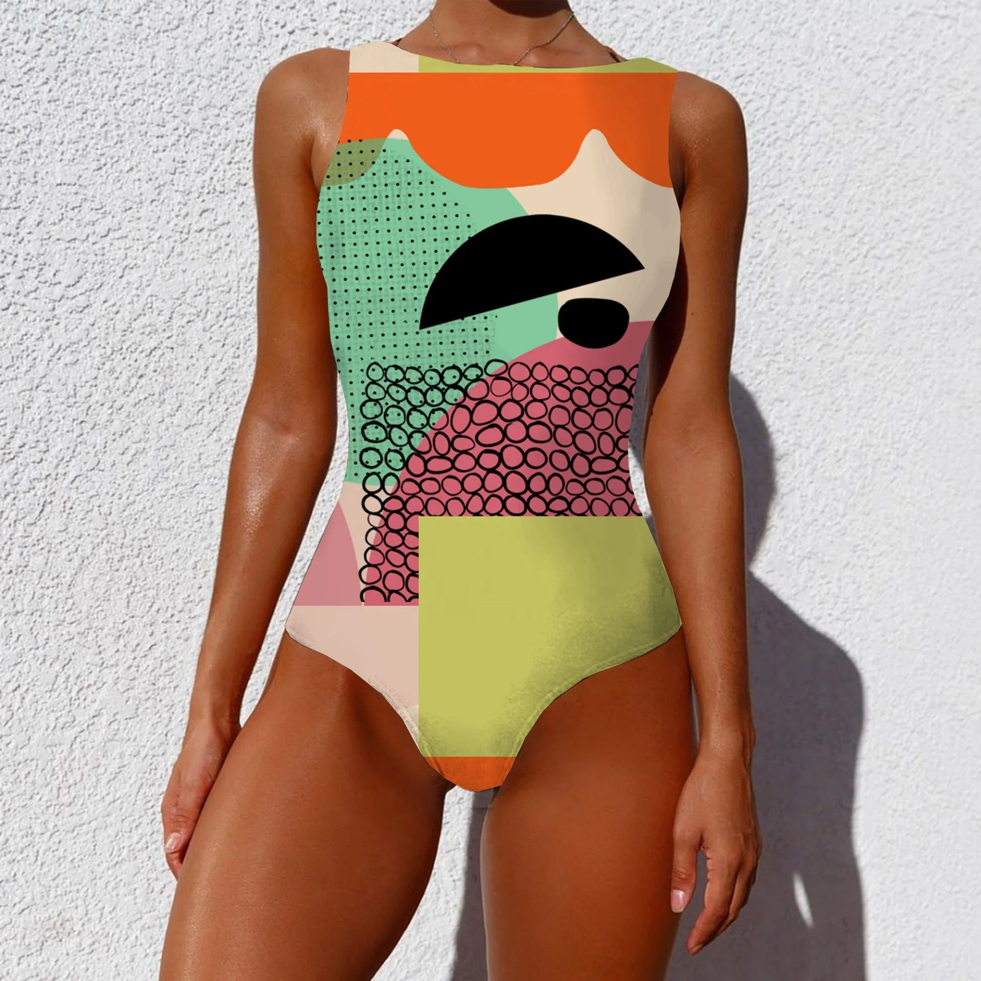 New Product Women Quick Dry One Piece Bright Color Modern Abstract Design Bikini Padded Sleeveless Printed Durable Swimwear