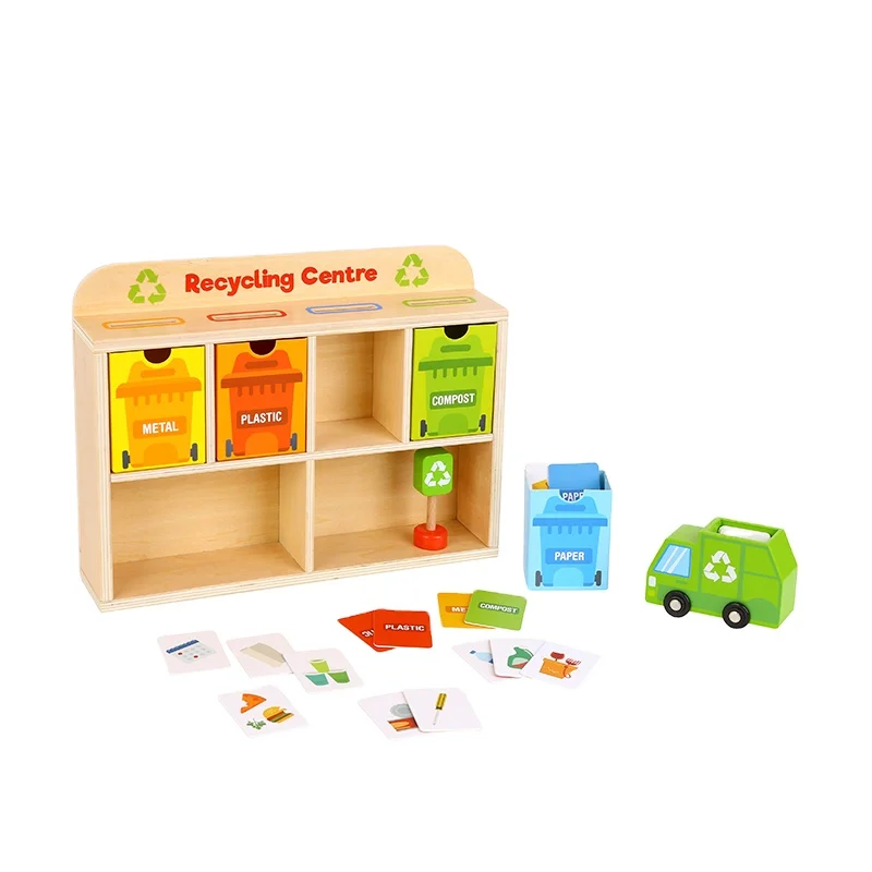 Wooden Recycling Classification Center Sorting Bins Green Garbage Truck Set Educational Toy For Kids