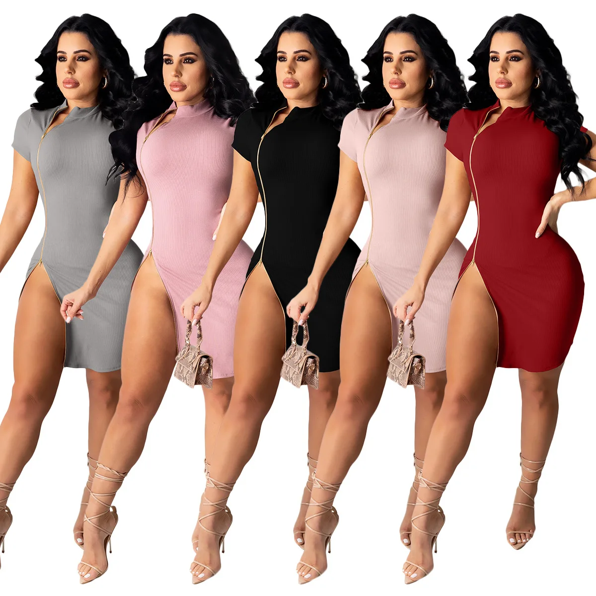 2021 new customized logo stylish sexy dress solid zip up short sleeves bodycon dress ladies casual summer party dress 5 colors