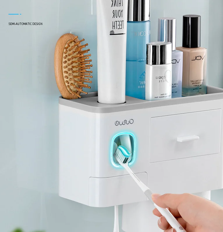 Toothbrush Holder Wall Mounted, Multi-Functional Toothbrush and Toothpaste Dispenser for Bathroom