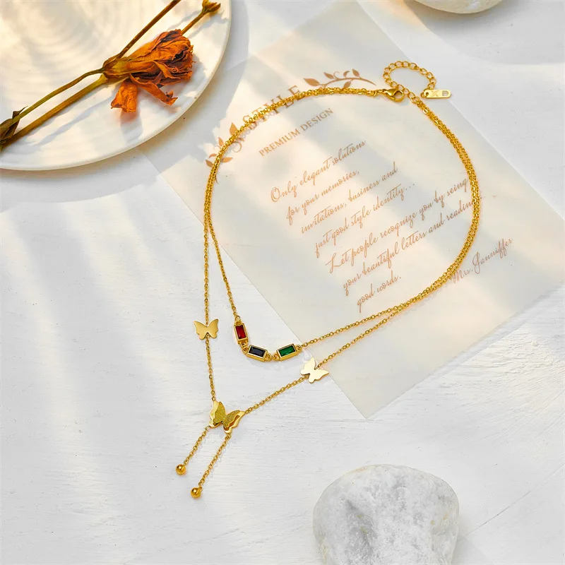 Stainless Steel Gold Butterfly Pendant Necklace Bracelet set For Women New Multilayer diamond crystal Chains choker Jewelry Gift