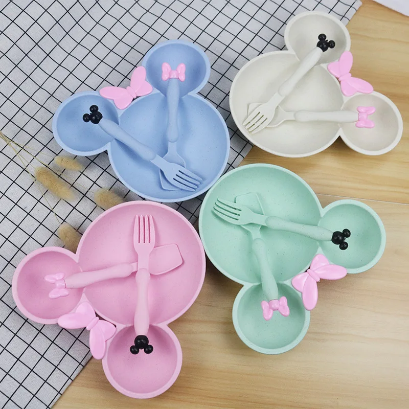 Good Quality Wheat Straw Dinner Set Baby Tableware Set With Suction Food Plate Set Cartoon Eco-Friendly Baby Spoon Fork Bowl