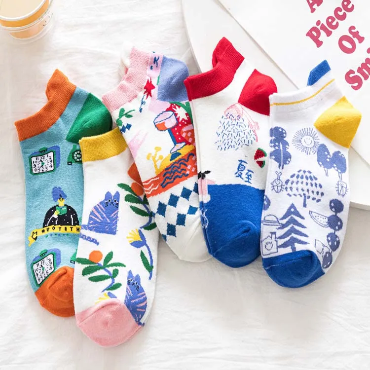 HY-1613 New Japanese style Ear Hidden socks Women Cotton  Cartoon Cat Flower Short Sock Girl