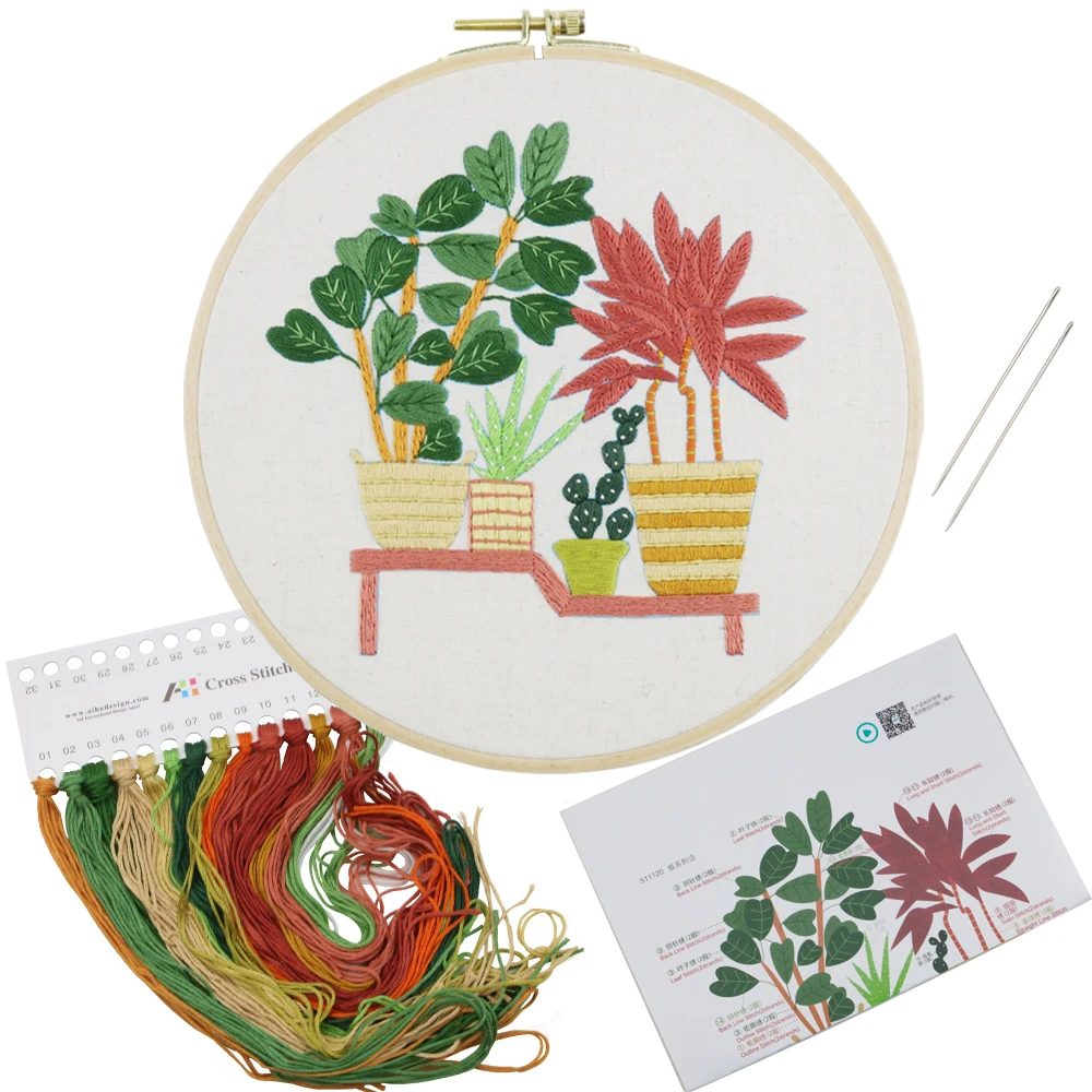 
Hot Design DIY Handmade Embroidery Kit With Green Plant Flowers Pattern Printed Embroidery Cloth Threads Tools Kit 